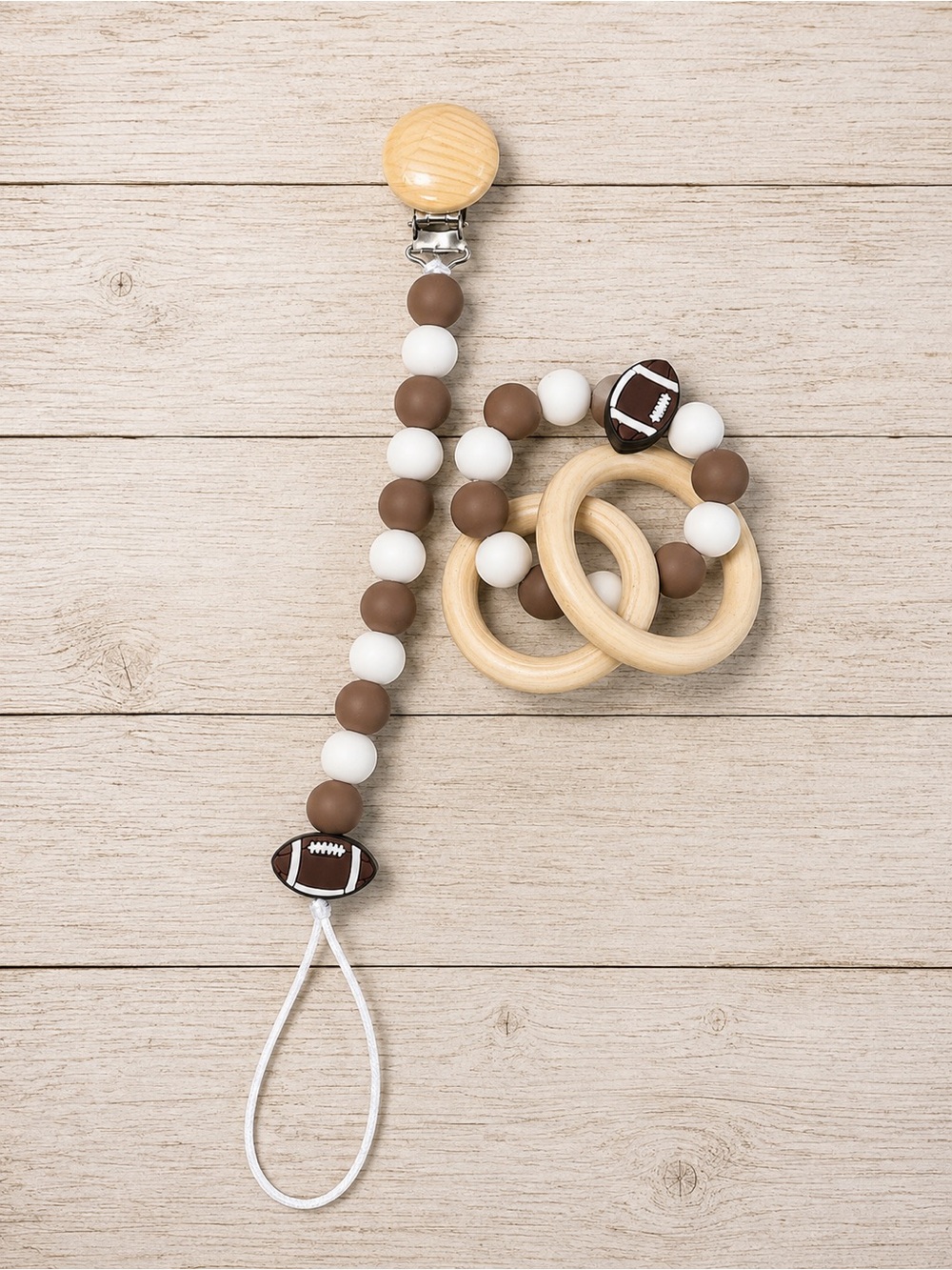Neutral Brown & White Football Teether Clip Set